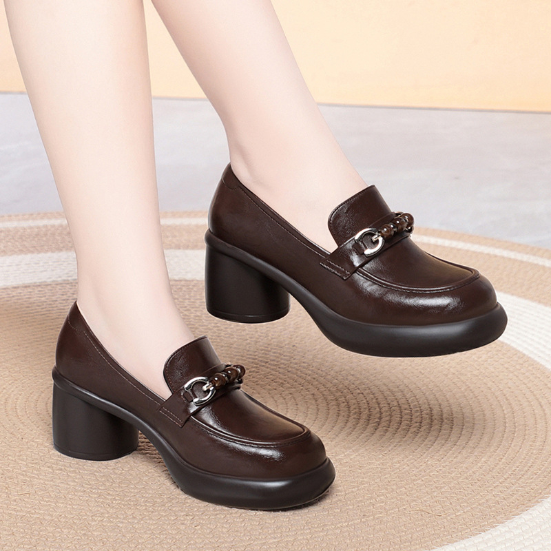 Women Chunky Heel Loafers Bead - Leather Work Flats Women review and price