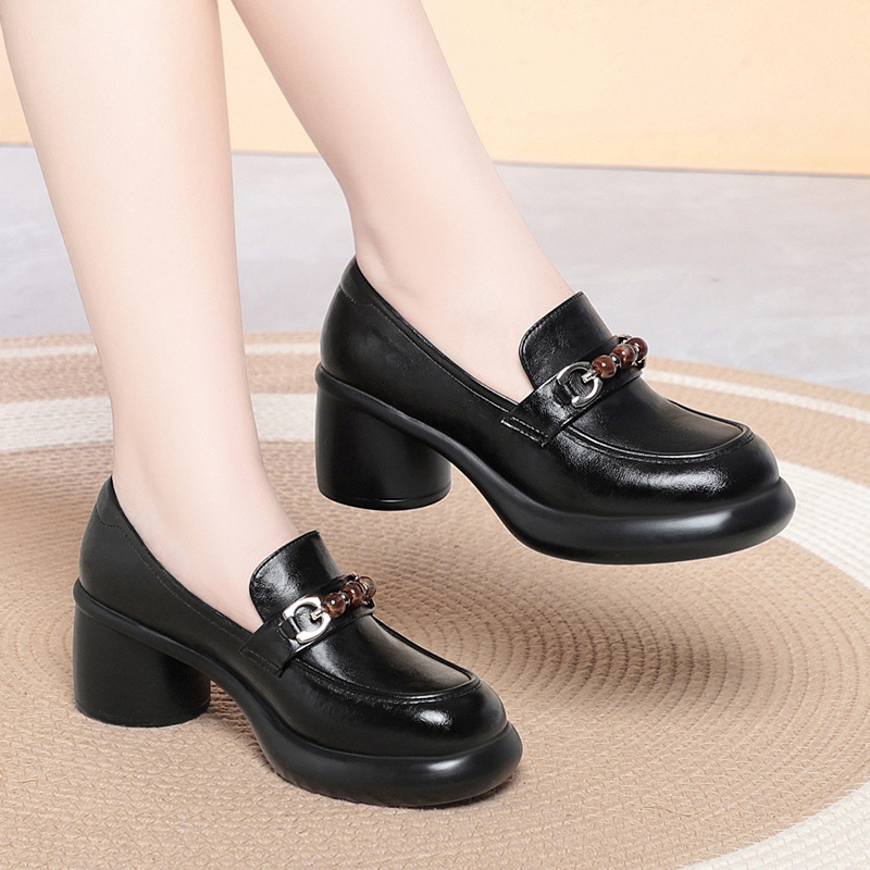 Women Chunky Heel Loafers Bead - Leather Work Flats Women review and price