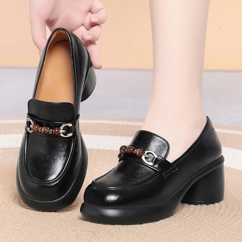 Women Chunky Heel Loafers Bead - Leather Work Flats Women review and price